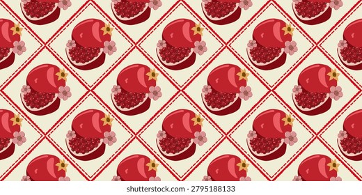 Seamless Pomegranate Red Fruit Pattern of colorful spring summer Fruit in various shapes and sizes with green leaves, Seamless Fruit Floral Background, hand-drawn style, Spring Summer Background 