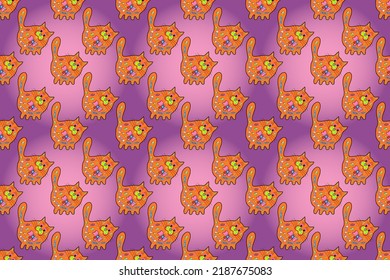 Seamless Pretty Cat. Design On Pink, Purple And Orange Versicolours. Background For Fabric, Textile, Print And Invitation. Perfect For Wallpapers, Web Page Backgrounds, Surface Textures, Textile.