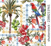 Seamless print with flowers and macaw, coconut tree, embroidered style, summer, tropical, Brazil.