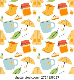 seamless rainy day pattern with boots and raincoat