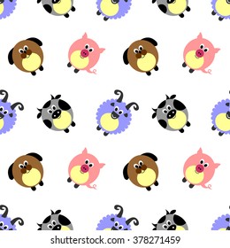 Seamless raster pattern with animals. Cute background with comic pigs, sheeps, dogs and cows on the white backdrop. Series of Animals and Insects Seamless Patterns.