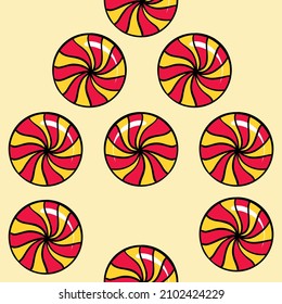 Seamless raster pattern candy lollipop in a round shape of different color on a yellow background. High quality illustration