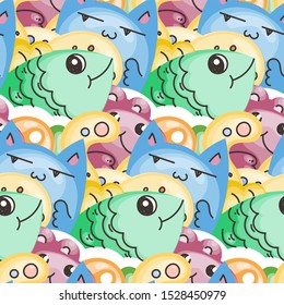 Seamless Raster Pattern With Cute Cartoon Monsters And Beasts. Nice For Packaging, Wrapping Paper, Coloring Pages, Wallpaper, Fabric, Fashion, Home Decor, Prints Etc. Raster Illustration