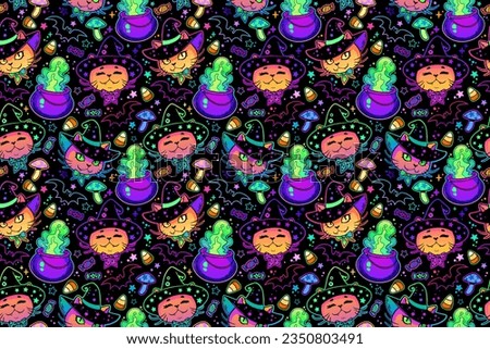 Seamless raster pattern with cute cats and Halloween theme