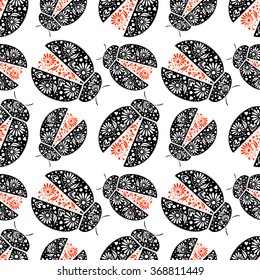 Seamless raster pattern with insects, Chaotic background with bright decorative black and red closeup ladybugs, over white backdrop. Series of Animals and Insects Seamless Patterns.