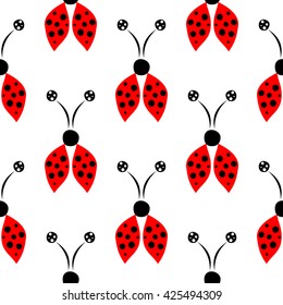 Seamless raster pattern with insects, symmetrical  background with red hand drawn decorative ladybugs on the white backdrop. Series of Insects Seamless Patterns.
