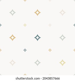 Seamless Raster Pattern With Small Diamond Rhombuses, Shaped And Stars. Abstract White, Gold, Teal Geo Texture. Simple Minimal Repeat Background. Subtle Kids Design For Wallpaper, Fabric, Decor, .