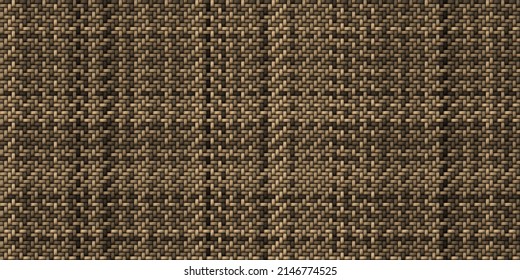 Seamless realistic bamboo basket weave repeat pattern. Dark brown wooden wicker rattan mat or thatch twill textile texture for fashion or interior design. 8K high resolution material 3D rendering. 