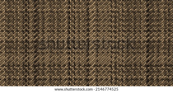 Seamless realistic bamboo basket weave repeat pattern. Dark brown wooden wicker rattan mat or thatch twill textile for interior wall decoration. 8K high resolution material 3d rendering. 