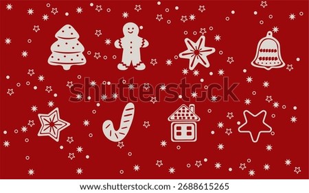 Seamless red Christmas pattern with gingerbread man, Christmas tree, bell, candy cane, stars, and snowflakes. Festive winter background for holiday wrapping paper, cards, textiles.