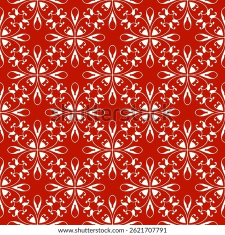 Seamless red damask pattern with floral swirls and symmetrical vintage elements, ideal for backgrounds, fabric prints, wallpapers, decorative packaging uses. elegant wallpaper motif. ornate tile bg