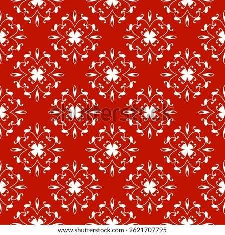Seamless red damask pattern with floral swirls and symmetrical vintage elements, ideal for backgrounds, fabric prints, wallpapers, decorative packaging uses. elegant wallpaper motif. ornate tile bg