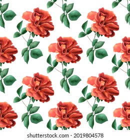 Seamless red roses pattern. Watercolor background with bright rose flower with leaves and branch for textile, wallpapers, souvenirs