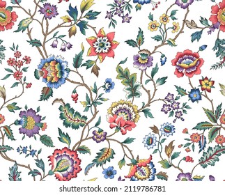 A seamless repeat for apparel print. A floral design with multi colours and black outline.