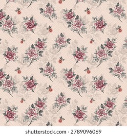 Seamless repeat floral pattern featuring detailed vintage roses, paisley motifs and delicate vine elements. Soft color palette on mint green background. High resolution 300dpi tileable design perfect for cotton, lawn, chiffon and silk fabric printing. Ideal for fashion collections, home decor, wallpaper, bedding and stationery.