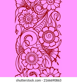 seamless repeat oriental border, outline burgundy floral pattern on pink background, texture, frame