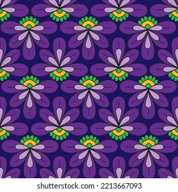 Seamless Repeat Pattern With Bright, Big And Bold Purple Full Bloom Floral On A Dark Background Perfect For Fabric, Scrap Booking, Wallpaper, Gift Wrap Projects