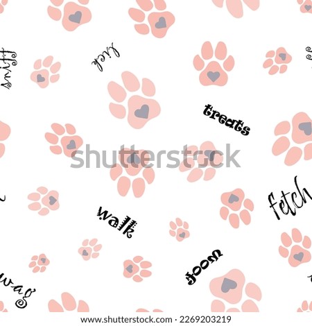 seamless repeat pattern with cute and beautiful peach pink dog paws with gray hearts on the white background perfect for fabric, scrap booking, wallpaper, gift wrap, pet fabric projects