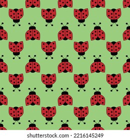 Seamless Repeat Pattern With Cute Little Red Ladybugs Running Horizontally On A Green Background Perfect For Fabric, Scrap Booking, Wallpaper, Gift Wrap Projects

