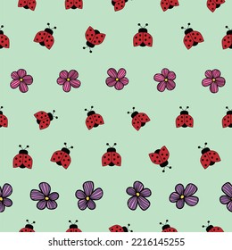 Seamless Repeat Pattern With Cute And Little Red Ladybug And Small Pink And Purple Flowers On Light Blue Background Perfect For Fabric, Scrap Booking, Wallpaper, Gift Wrap Projects

