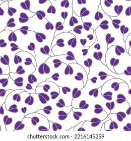 Seamless Repeat Pattern With Cute Little Purple Heart Shape Petal Floral Motif Running Elegantly On A White Background Perfect For Fabric, Scrap Booking, Wallpaper, Gift Wrap Projects

