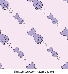 Seamless Repeat Pattern With Cute Purple Cats Sitting And Patterned Diagonally On A Pink Background Perfect For Fabric, Scrap Booking, Wallpaper, Gift Wrap Projects