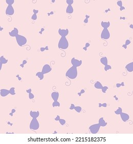 Seamless Repeat Pattern With Cute Simple Purple Cats Scattered Floating On A Pink Background Perfect For Fabric, Scrap Booking, Wallpaper, Gift Wrap Projects