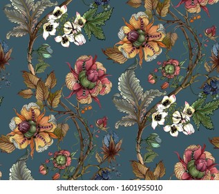 A Seamless Repeat Pattern Of Fantasy Wild Flower Branches. The File Size Of Repetition Tile Is 28cmx23cm With 600 DPI. File Can Be Repeated Seamlessly.