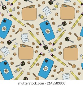 Seamless Repeat Pattern of Pocket Essentials in a Cartoon Doodle Style of Wallet, Keys, Phone, Pencil,  Candy, Coins, and Paper Scrap
