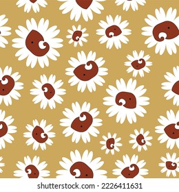 Seamless Repeat Pattern With Simple And Cute Elephant Head With Kalamkari Style Floating In White Flowers On Beige Yellow Background Perfect For Fabric, Scrap Booking, Wallpaper, Gift Wrap Projects