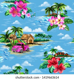 Seamless Repeat Pattern Of Vintage Hawaiian Barkcloth Design Of Tropical Island Scenes.