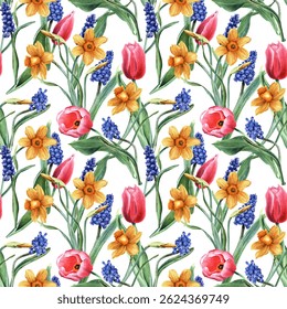 Seamless, repeat pattern with yellow daffodils, narcissi, pink tulips and blue grape hyacinth, muscari. Hand drawn watercolor illustration. For wrapping wallpaper fabric textile