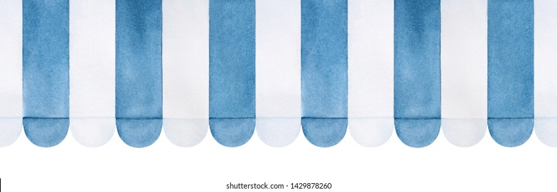 Seamless repeatable pattern of blue and white striped awning. Hand drawn water color sketchy painting, cutout clip art element for creative design decoration, summer banner, festive print, menu decor.