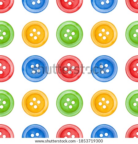 Seamless repeatable pattern decortaed with colorful sewing buttons. Hand painted watercolor graphic drawing. Pretty background for creative design, paper, bright textile, print, banner, modern card.