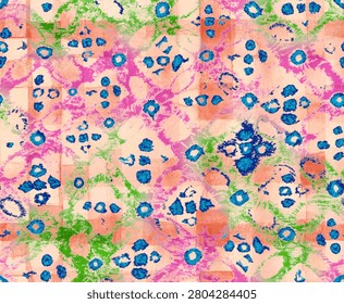 Seamless repeating abstract textile pattern: soft warm peach paper background with visible grain and subtle water-stain variations, layered with irregular coral-orange textured blocks and wash areas, energetic magenta brushstroke swirls and smeared ribbons, scattered bright kelly-green speckled smudges and streaks, and clustered cerulean-to-deep-blue organic ring and pebble shapes with rough, ink-bleed edges and denser saturated centers