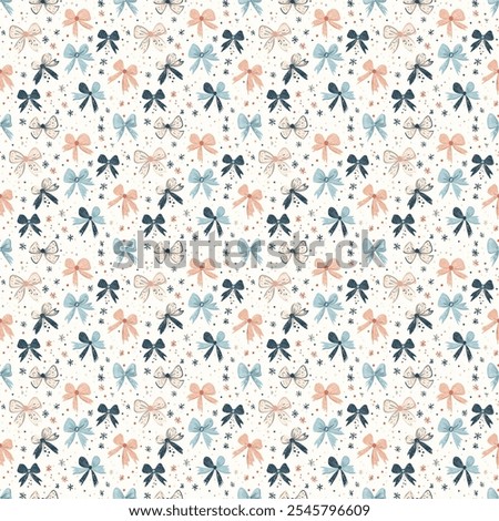 Seamless repeating bow pattern with delicate shades of blue and pink. Features soft, elegant ribbons tied into bows, creating a playful yet sophisticated design ideal for textiles, stationery, and dec
