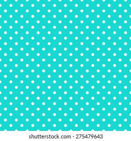 Seamless Repeating Classic Polka Dot Spotty Pattern With White Spots On A Turquoise Blue Background.