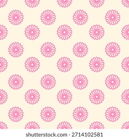 Seamless repeating geometric pattern with stylized pink rosette flowers on a soft pastel yellow background. Perfect for cheerful textile, kids' clothes, feminine branding, or retro-themed projects.