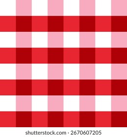 ​A seamless, repeating pattern with a classic red gingham or check design. The simple, bold grid is created by the intersection of horizontal and vertical stripes in shades of red, pink, and white.