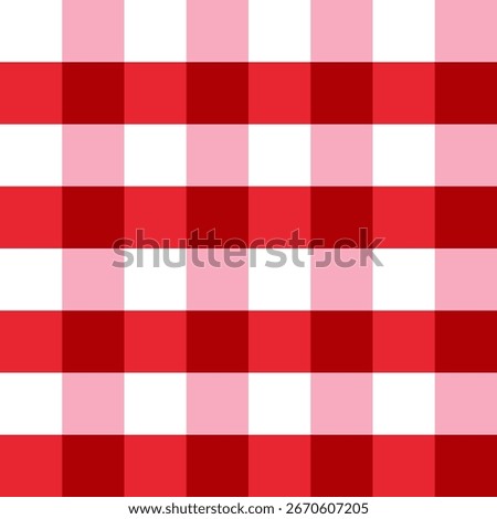 ​A seamless, repeating pattern with a classic red gingham or check design. The simple, bold grid is created by the intersection of horizontal and vertical stripes in shades of red, pink, and white.