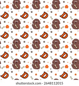 A seamless repeating pattern with a cute dog, bones, paw prints, and the letter “D”
