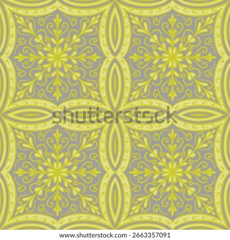 A seamless, repeating pattern featuring an abstract floral and geometric design in a harmonious two-tone color palette of soft yellow-green and muted gray. 