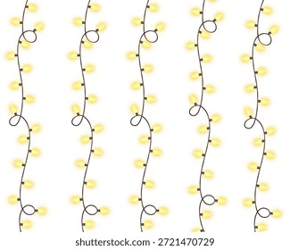 A seamless repeating pattern featuring vertical strings of glowing yellow Christmas lights against a clean white background. These festive, decorative illumination elements evoke a holiday spirit and are ideal for creating seasonal backgrounds, wrapping paper, or festive graphic designs. The warm glow adds a cheerful ambiance.
