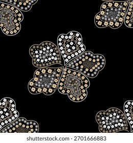 Seamless repeating pattern of stylized clover flowers made from tiny dotted motifs in beige, white, and black.