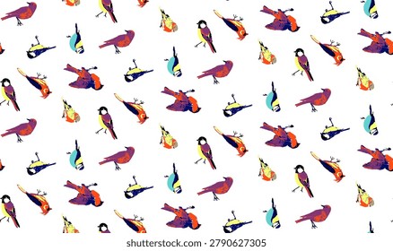 Seamless repeating pattern of stylized hummingbirds in bright watercolor on white background