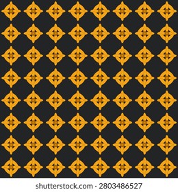 A seamless repeating pattern of symmetrical diamond shapes with cross motifs in bright yellow gold against a dark navy blue background.