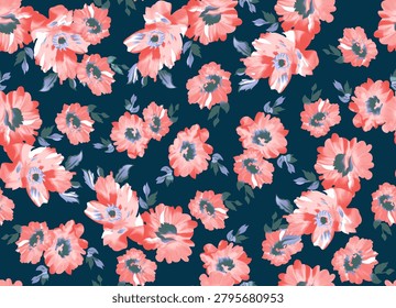 Seamless repeating textile wallpaper pattern of large painterly poppy-like flowers scattered across a deep teal background. Use lush coral-pink blossoms with soft pale