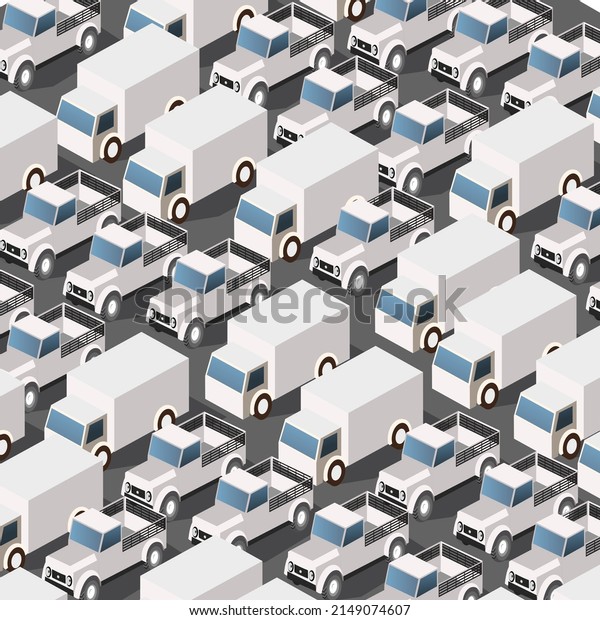 Seamless repeating urban pattern Isometric\
area of the city car parking with cars, trucks, taxis, trailers and\
vans 3D\
illustration