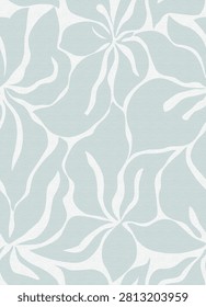 Seamless repeating wallpaper pattern of oversized tropical hibiscus-style floral silhouettes in a soft muted aqua-blue paired with crisp off-white, large organic petals and long flowing ribbon like stamen elements intertwining across the canvas to form an airy, balanced composition