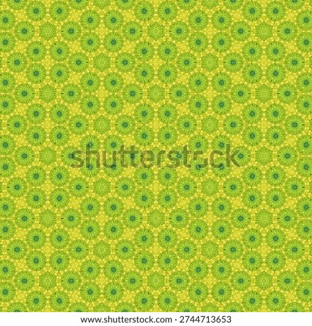 Seamless repetitive pattern of small green and yellow circular mandalas creating a dense texture.